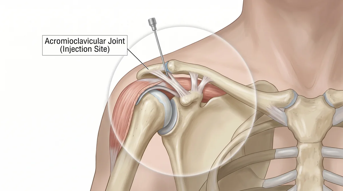 Anatomical illustration identifying the acromioclavicular joint and an AC joint injection site