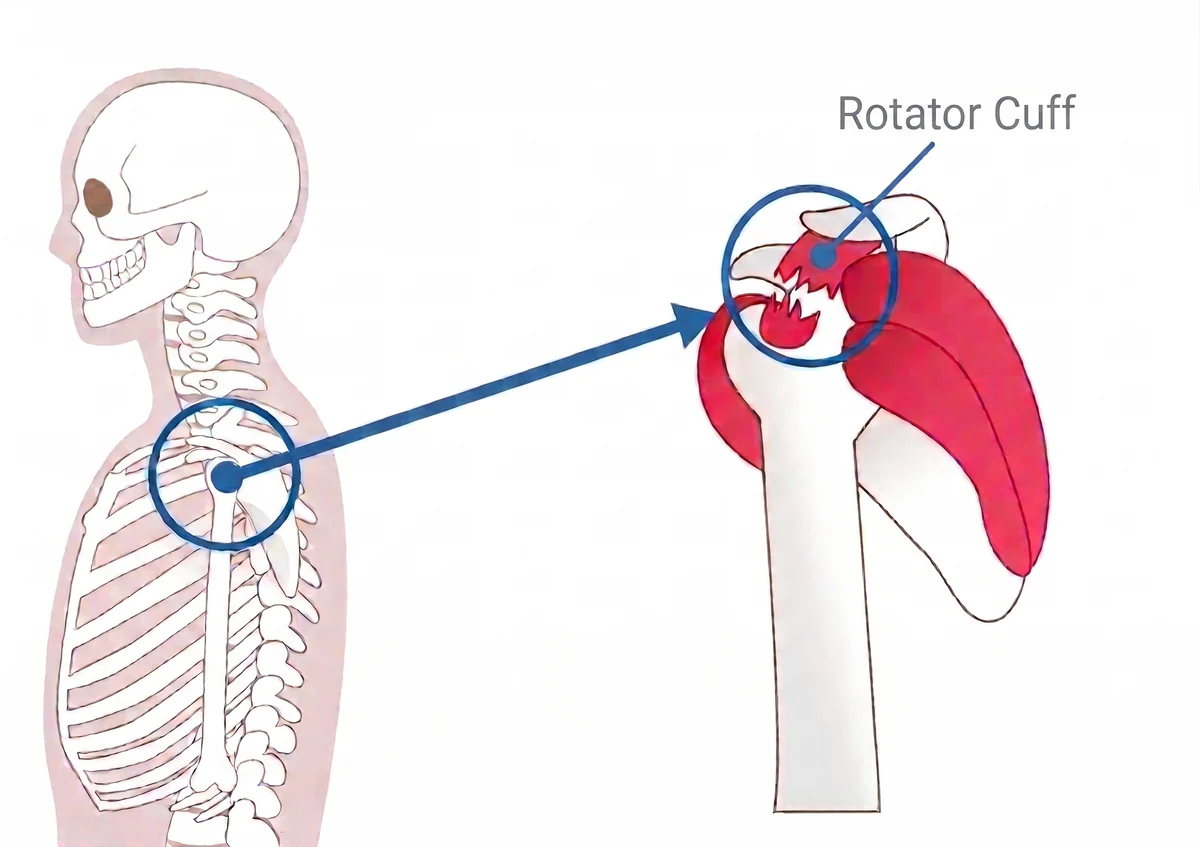 Shoulder anatomy illustration highlighting the rotator cuff with a magnified tendon detail
