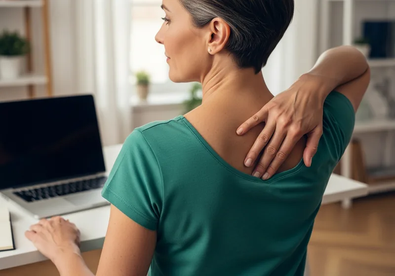 Adult reaching toward discomfort near the shoulder blade