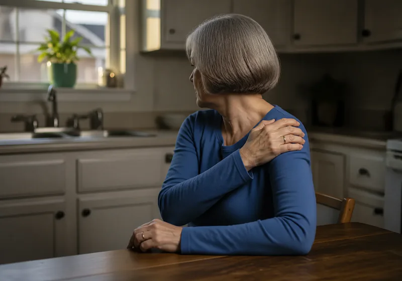Older adult looking away while supporting an aching shoulder at home