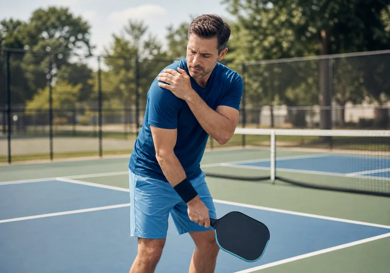 Pickleball player looking down at an unstable shoulder on an outdoor court