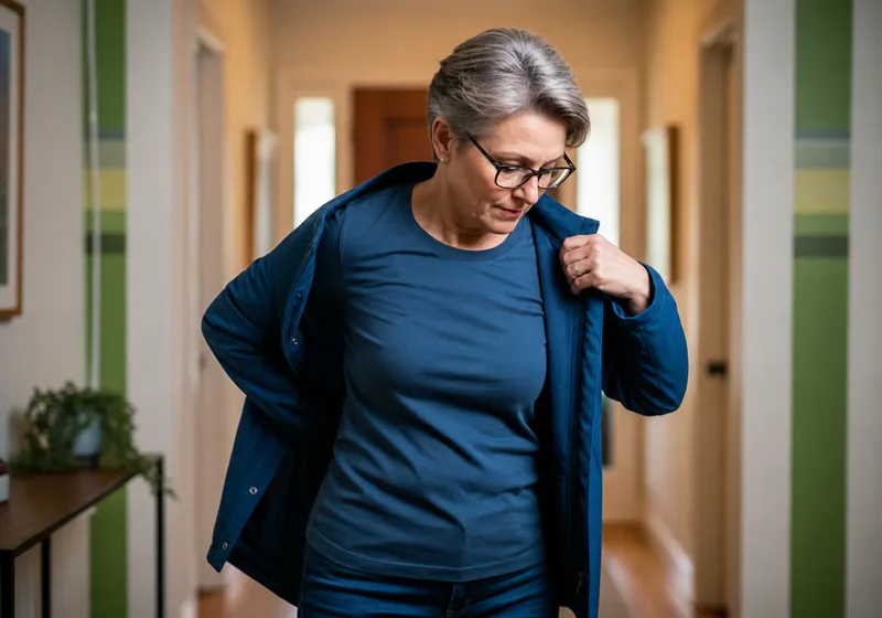 Adult struggling to put on a jacket because shoulder motion is limited