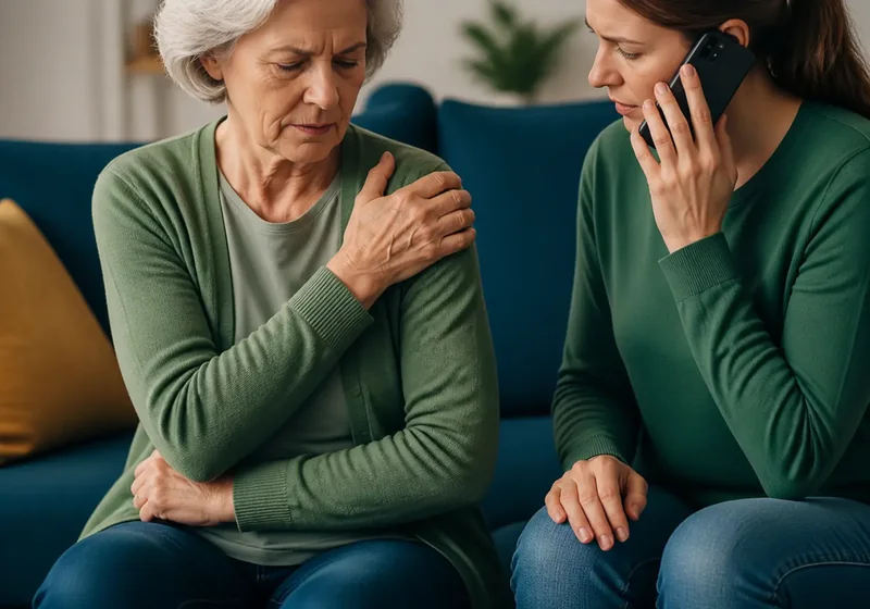 Older adult supporting her shoulder while a companion calls for help