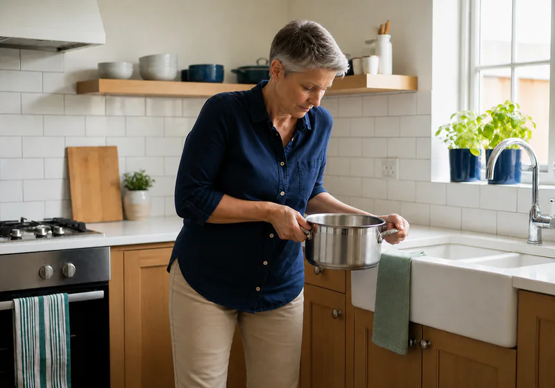 Adult having difficulty lifting a cooking pot beside the sink