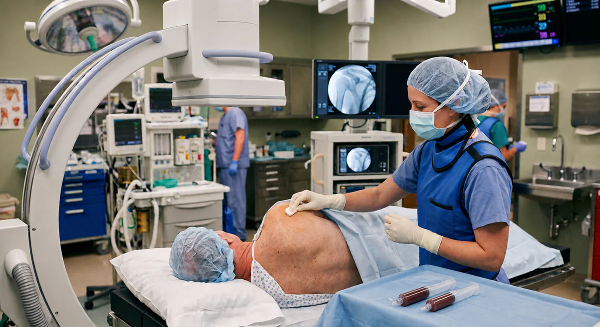 Clinician preparing a patient’s shoulder for an image-guided BMAC procedure