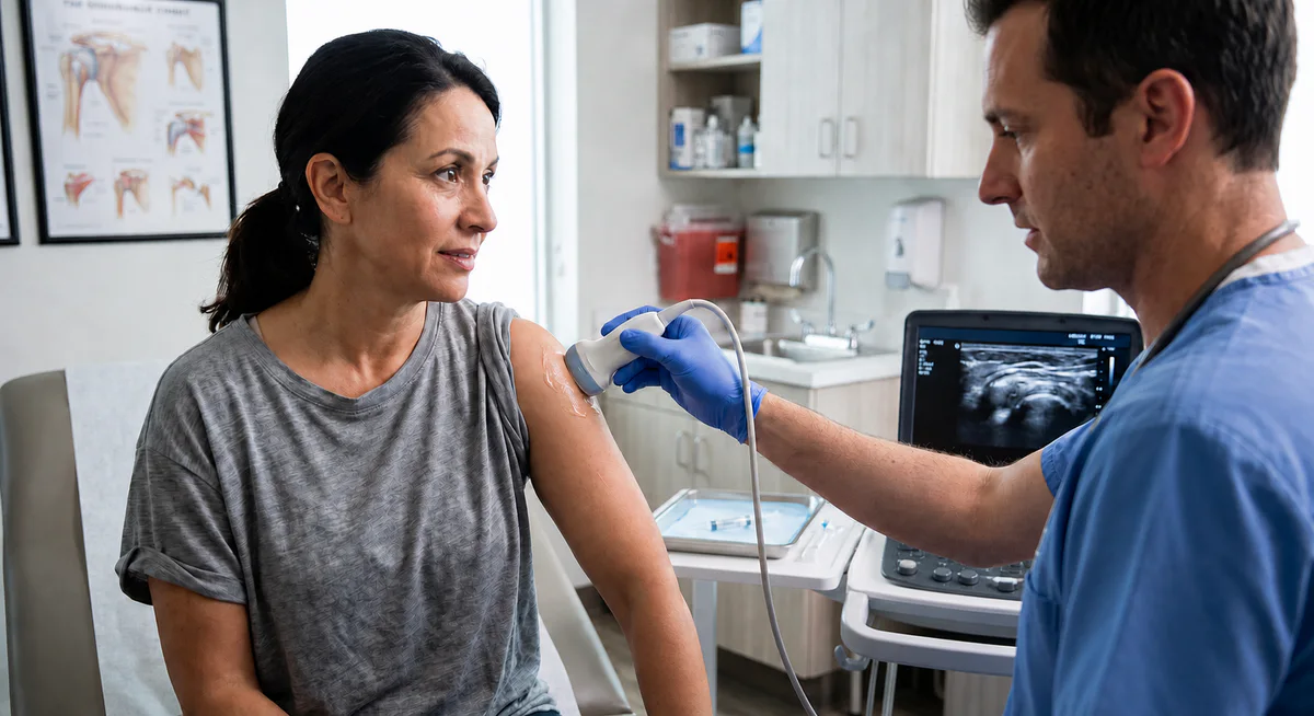 Clinician using ultrasound to plan an image-guided shoulder injection