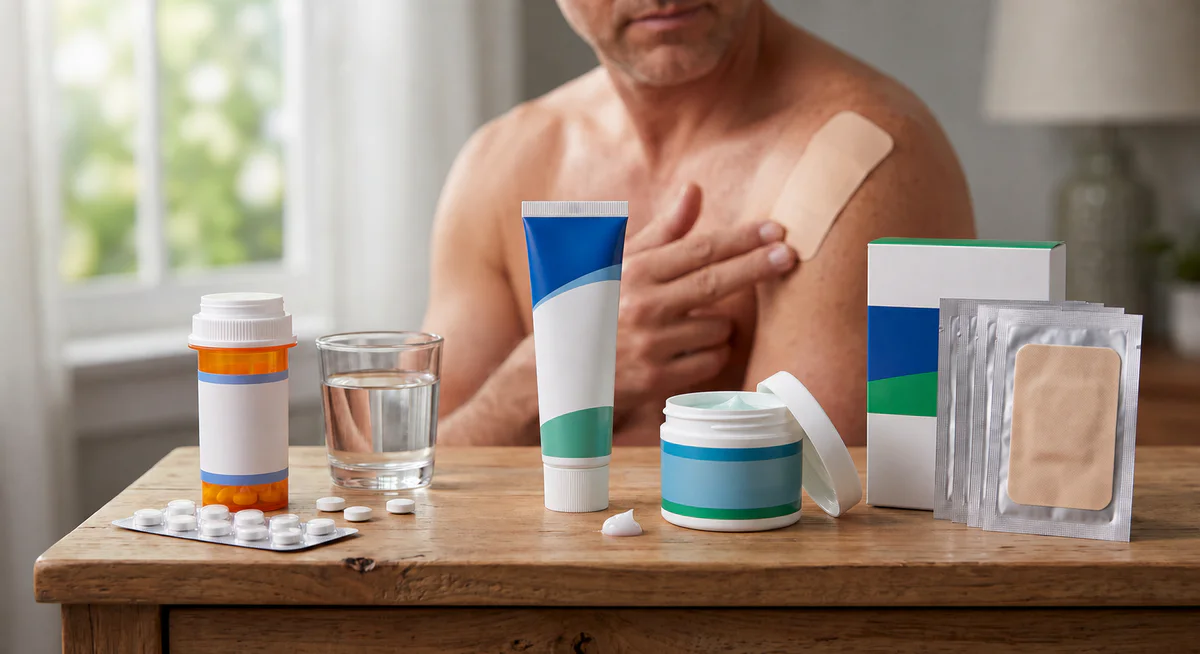Adult using a shoulder patch with generic oral, topical, and patch medication forms nearby