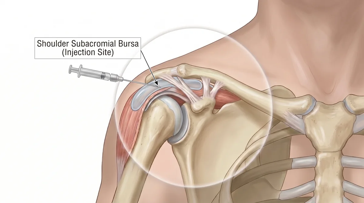 Anatomical illustration identifying the shoulder subacromial bursa injection site